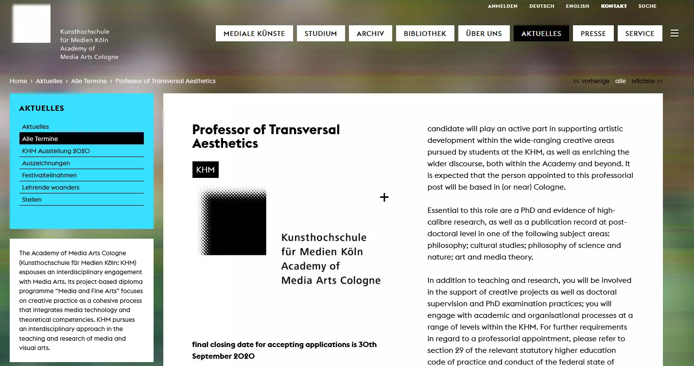 Position open: Professor of transversal aesthetics