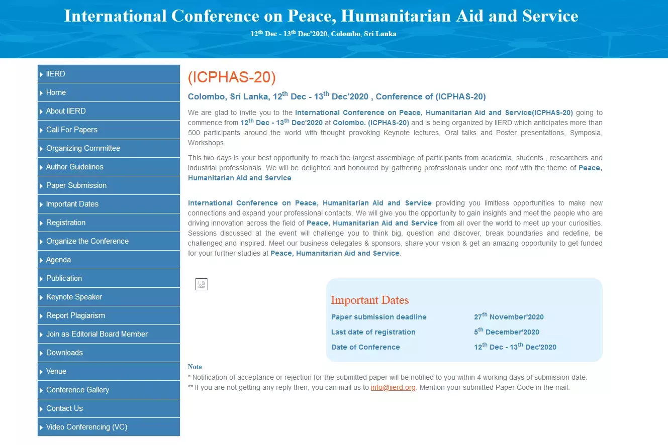 International Conference on Peace, Humanitarian Aid, and Service, 12th Dec - 13th Dec2020, Colombo, Sri Lanka