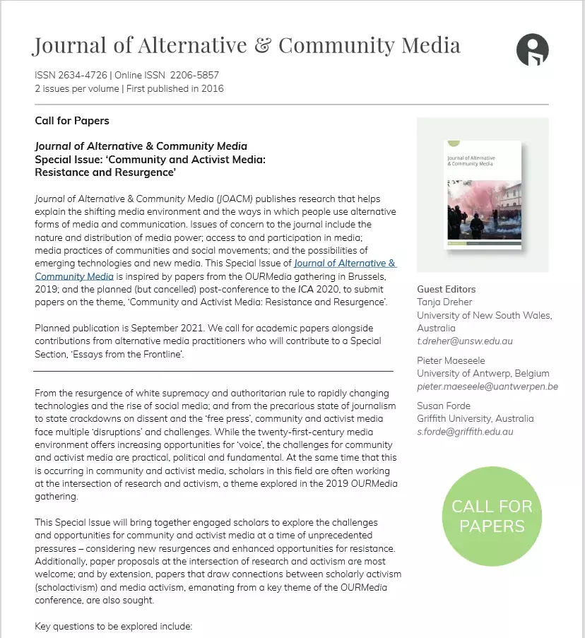 cfp: Community and Activist Media: Resistance and Resurgence (JACM) cfp: Community and Activist Media: Resistance and Resurgence (JACM)