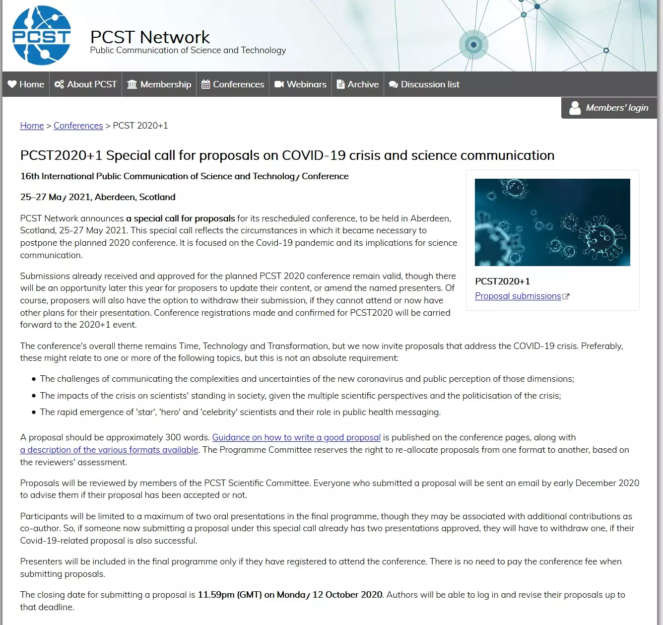 Special call for proposals on COVID-19 crisis and science communication: Deadline 12 October 2020 Special call for proposals on COVID-19 crisis and science communication: Deadline 12 October 2020