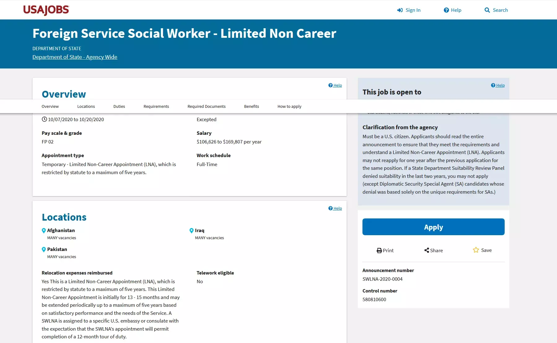 The U.S. Department of State is currently accepting applications for Social Worker Limited Non-Career Appointments (LNA). The U.S. Department of State is currently accepting applications for Social Worker Limited Non-Career Appointments (LNA).