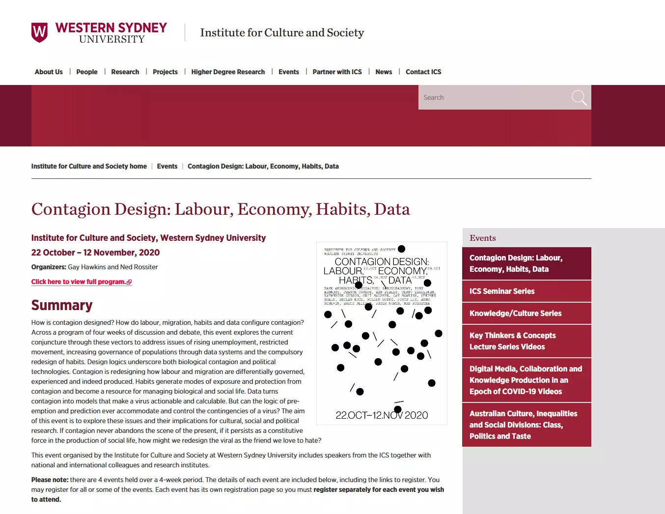 Symposium: Contagion Design: Labour, Economy, Habits, Data, 22 October – 12 November, 2020  Hosted by Institute for Culture and Society, Western Sydney University