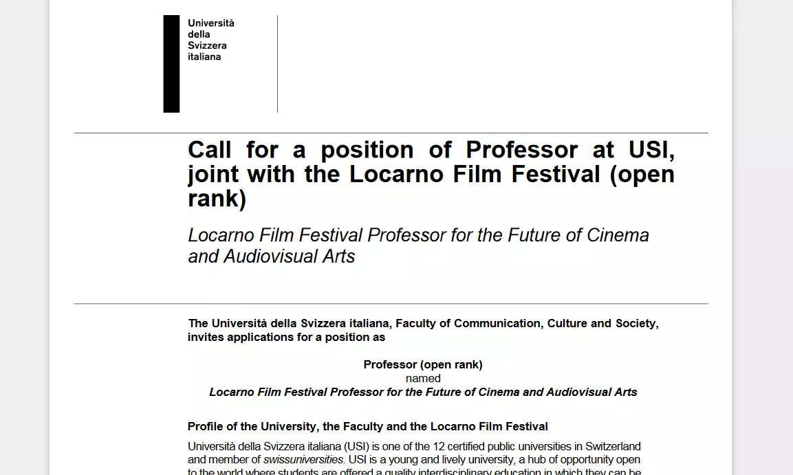 Job Post: Open rank Professor Locarno Film Festival Professor for the Future of Cinema and Audiovisual Arts