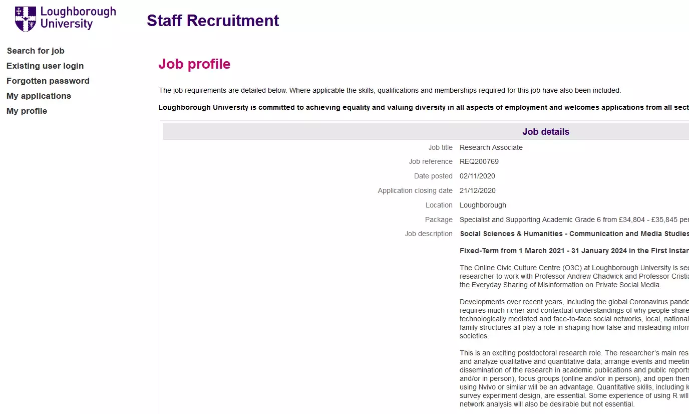 Job: New postdoc at Loughborough - Understanding the Everyday Sharing of Misinformation on Private Social Media Job: New postdoc at Loughborough - Understanding the Everyday Sharing of Misinformation on Private Social Media