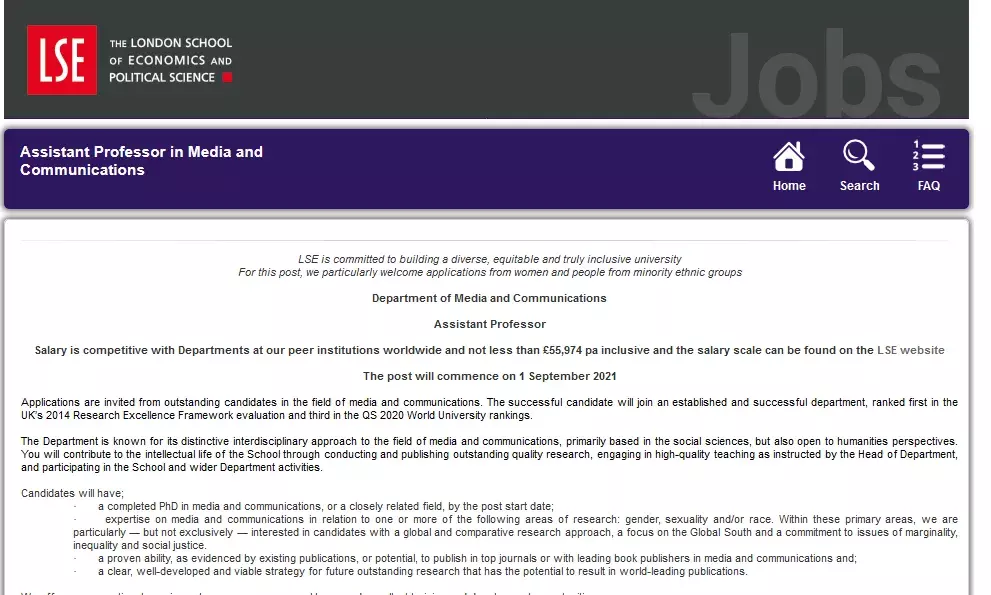 vacancy Assistant Professor, Department of Media and Communications, LSE | focus on gender, sexuality and/or race vacancy Assistant Professor, Department of Media and Communications, LSE | focus on gender, sexuality and/or race
