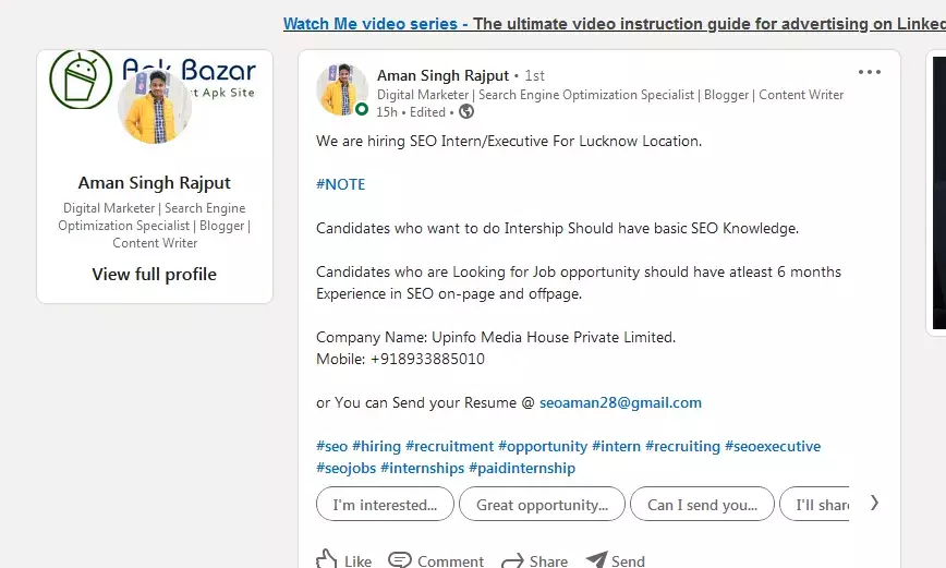 We are hiring SEO Intern/Executive For Lucknow Location. We are hiring SEO Intern/Executive For Lucknow Location.