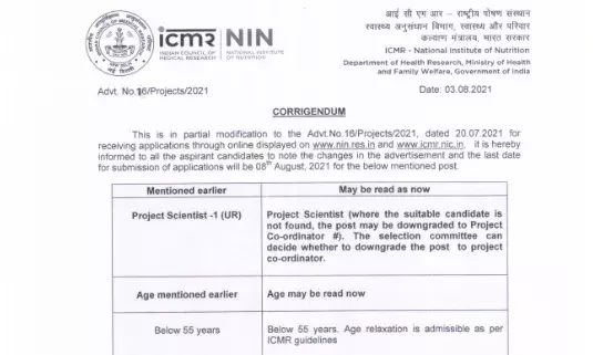 Applications are invited through email for the post of Project Co-ordinator & Project Scientist ICMR-NIN, Hyderabad,