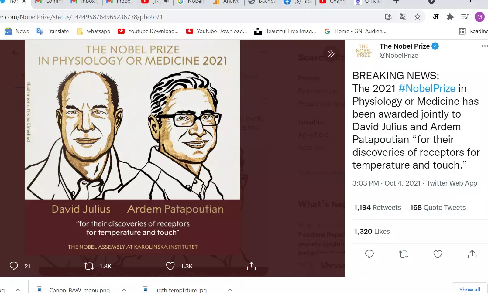 BREAKING NEWS: The 2021 #NobelPrize in Physiology or Medicine has been awarded jointly to David Julius and Ardem Patapoutian BREAKING NEWS: The 2021 #NobelPrize in Physiology or Medicine has been awarded jointly to David Julius and Ardem Patapoutian