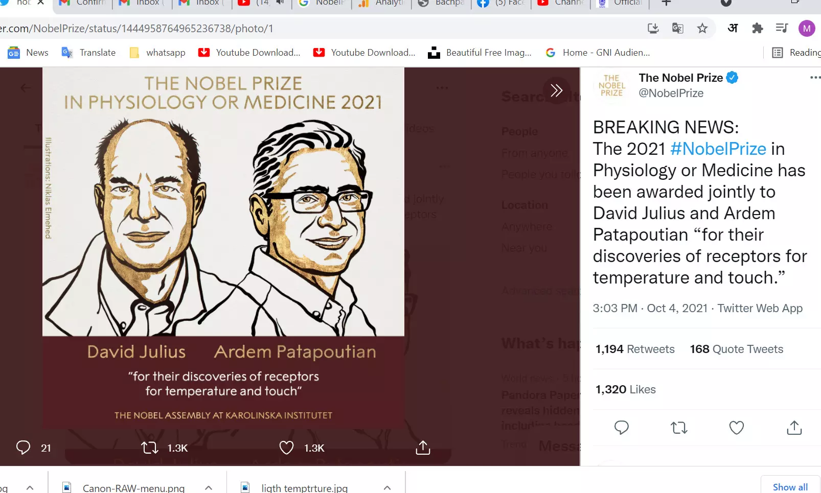 BREAKING NEWS:  The 2021 #NobelPrize in Physiology or Medicine has been awarded jointly to David Julius and Ardem Patapoutian