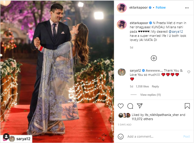 एकता कपूर ने श्रद्धा आर्य को इस तरह दी शादी की बधाई!