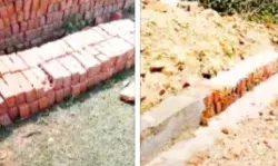 पीले ईटों से कराया जा रहा है नाली का निर्माण पीले ईटों से कराया जा रहा है नाली का निर्माण