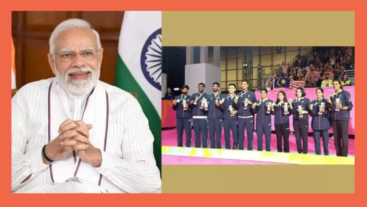 The PM congratulates the badminton team on their silver medal at the CWG in Birmingham The PM congratulates the badminton team on their silver medal at the CWG in Birmingham