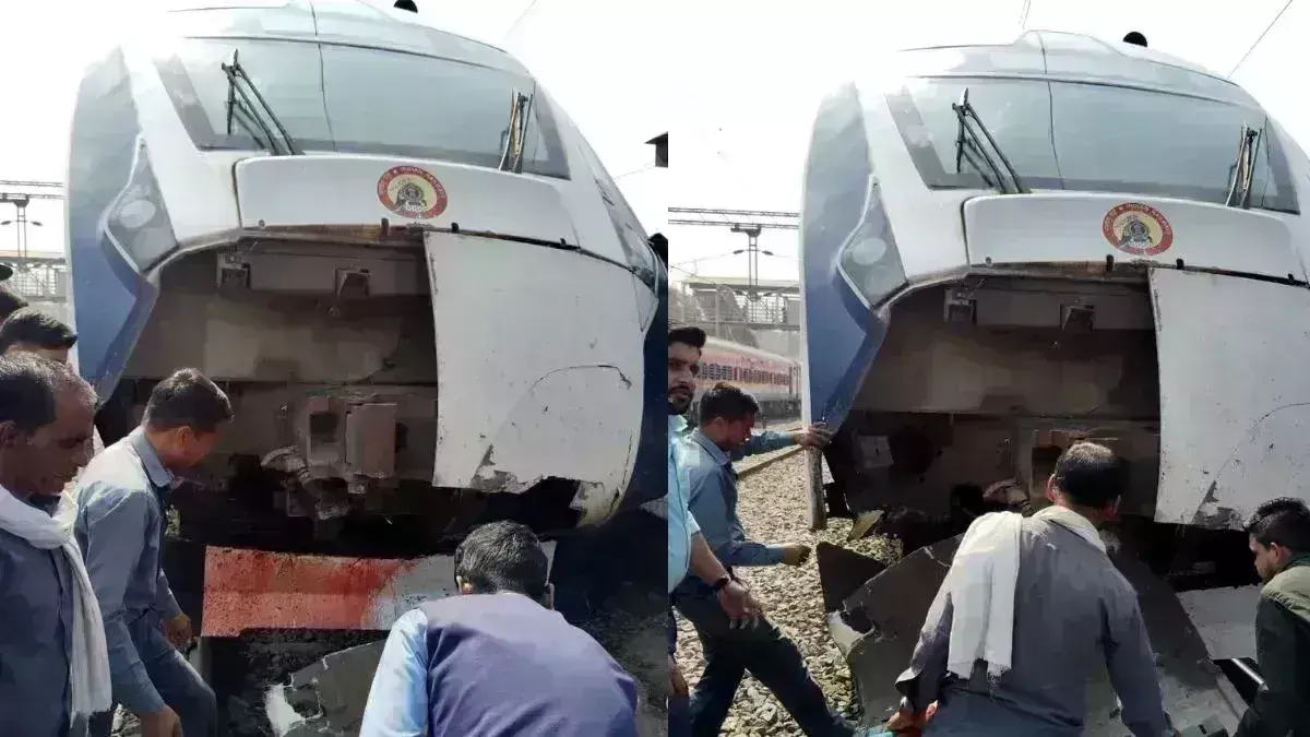 भोपाल से दिल्ली जा रही वंदे भारत एक्सप्रेस नंदी से टकराई, इंजन के आगे का हिस्सा टूटा
