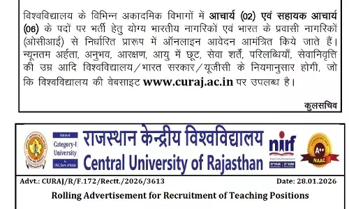 राजस्थान केंद्रीय विश्वविद्यालय (CURAJ)में  08 शैक्षिक पदों के लिए 15.03.2026 तक ऑनलाइन आवेदन मांगे गए हैं।